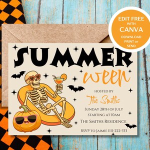 Pode incluir: Um cart&atilde;o de convite bege com as palavras "SUMMERWEEN" em preto e laranja. Apresenta um esqueleto usando &oacute;culos de sol em forma de cora&ccedil;&atilde;o, segurando um coquetel e uma ab&oacute;bora com &oacute;culos de sol. O cart&atilde;o inclui detalhes do evento e o texto "EDIT FREE WITH CANVA".