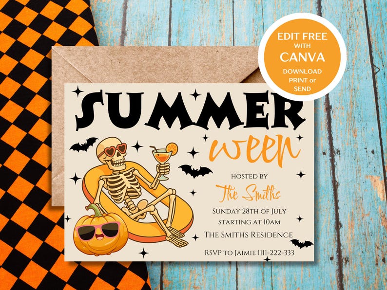 Pode incluir: Um cart&atilde;o de convite bege com as palavras "SUMMERWEEN" em preto e laranja. Apresenta um esqueleto usando &oacute;culos de sol em forma de cora&ccedil;&atilde;o, segurando um coquetel e uma ab&oacute;bora com &oacute;culos de sol. O cart&atilde;o inclui detalhes do evento e o texto "EDIT FREE WITH CANVA".