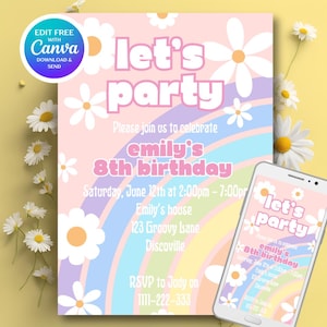 Może przedstawiać: Różowe i fioletowe zaproszenie na urodziny z tęczą i stokrotkami. Tekst brzmi "Let's party!" i "Emily's 8th birthday".