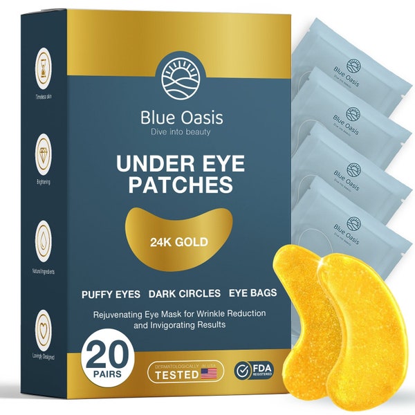 Blue Oasis 24k Gold Under Eye Patches Gel for Puffy Eyes and Dark Circles - Skin Care - 20 Pairs