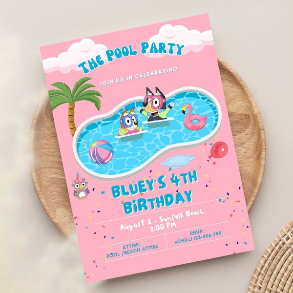 Invitation d'anniversaire fille Bluey piscine Modèle de fête numérique Bluey modifiable, inviter