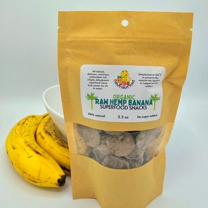 May include: A brown paper bag with a clear window showing organic raw hemp banana superfood snacks. The bag is labeled with the brand name "Chewy Fruit Yum's" and the product name "Organic Raw Hemp Banana Superfood Snacks". The bag also states that the product is 100% natural, 3.5 oz, and no sugar added.