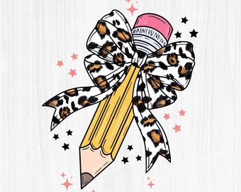 Leopard Teacher Png Design For Sublimation Dtf, Trendy Teacher Png Design For Tshirts, Coquette Pencil With Leopard Print Bow
