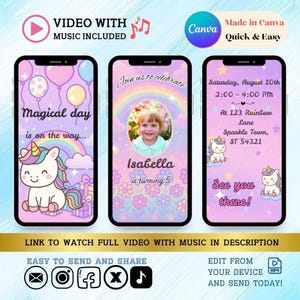 Unicorn Birthday Video Invitation | Editable Canva Template | Animated Unicorn Party Invite for Girl | Magical Rainbow Theme