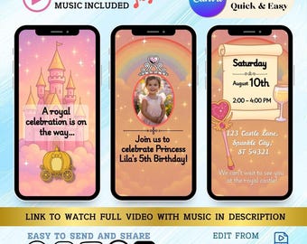 May include: Three smartphone screens display a princess-themed birthday invitation. The invitation includes a castle, a carriage, a photo of a girl, and event details. Text includes "A royal celebration is on the way..." and "Join us to celebrate Princess Lila's 5th Birthday!"