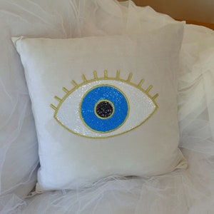Sequined square pillow : evil eye cushion cover, velvet pillow, luxotel pillow, greek eye gift