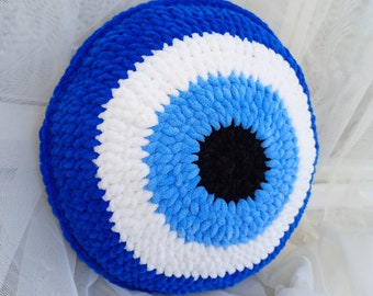 Evil Eye pillow large size plush pillow decorative blue evil eye pillow knit pillow gift for her