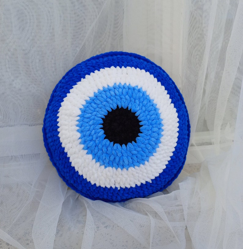 Evil Eye pillow large size plush pillow decorative blue evil eye pillow knit pillow gift for her image 2