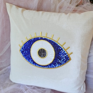 Evil eye pillow cover, Large pillow, White Blue pillow, Trendy new home gift