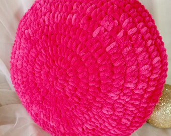 Pink pillow decorative pillow velvet pillow crochet pillow round pillow fuchsia pillow geometric pillow ball pillow new home gift