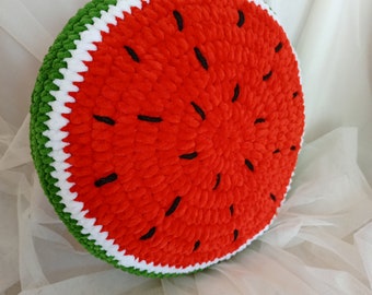 Coussin pastèque au crochet, peluche pastèque au crochet, décoration pastèque au crochet, coussin fait main au crochet