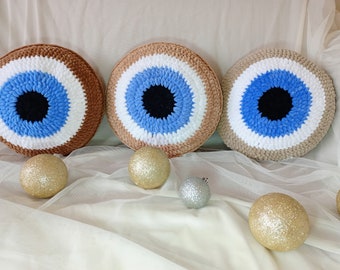 Beige pillow crochet pillow evil eye home decor