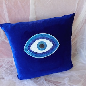 Evil eye pillow : Pillow Cushion Blue  Pillow, Sequin Embroidered, Home Decor Gift