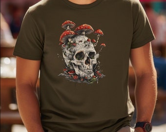 Op de afbeelding: Een bruin t-shirt met een afbeelding van een schedel met paddenstoelen die eruit groeien.