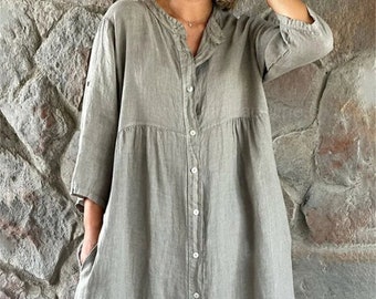 Cotton and Linen Solid Color Shirt Long Dress, Casual Plus Size Loose Dress, Boho Midi Dress with Pocket