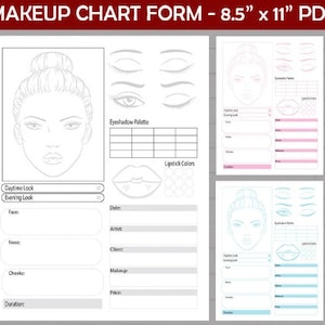 May include: A printable makeup chart form in PDF format, measuring 8.5 inches by 11 inches. The form includes sections for recording daytime and evening makeup looks, with spaces for noting details like face, nose, cheeks, and duration. It also features a section for eyeshadow palette and lipstick colors.