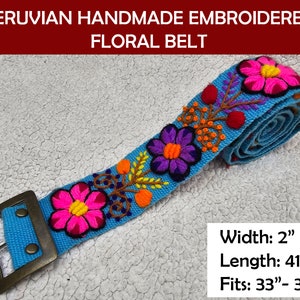 Light Blue Hand embroidered floral belt, Peruvian embroidered belt, floral ethnic belt, boho belt wool, floral ethnic belt. Handmade in Peru