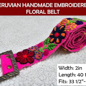 Pink Hand embroidered floral belt , Peruvian embroidered belts, floral ethnic belt, boho belt wool, floral ethnic belt. Handmade in Peru