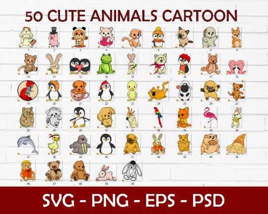 50 Cute Animals Cartoon Bundle SVG, Funny Animal Svg, Animal Vector ...