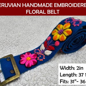 Blue Hand embroidered floral belt , Peruvian embroidered belts, floral ethnic belt, boho belt wool, floral ethnic belt. Handmade in Peru
