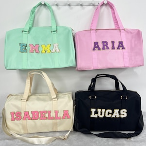Custom Nylon Duffel Bag, Personalized Travel Weekend Tote Bag, Chenille Letter Patch Custom Overnight Bag, Gym Duffle Bag, Personalized Gift