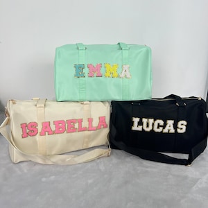 Bolsa de viagem de nylon personalizada, bolsa de viagem personalizada para fim de semana, bolsa de viagem personalizada com remendo de letras em chenille, bolsa de viagem de ginástica, presente personalizado