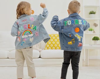 Custom Kids Jean Jacket, Personalized Girls Toddler Chenille Letter Denim Jacket, Boys Patch Jacket With Name, Birthday Gift For Toddler Kid