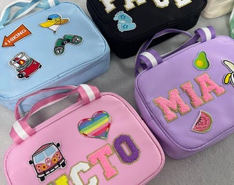 Custom Name Lunch Box Bag, Personalized Kids Chenille Letter lunch tote, Patches Nylon Lunch Bag Gift For Girls, Back to School