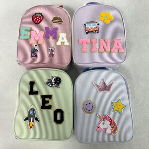 Bolsa de lonchera con nombre personalizado, bolsa de pana con letras de chenilla para niños personalizada, regalo de bolsa de almuerzo de pana con parches para niñas, regreso a la escuela