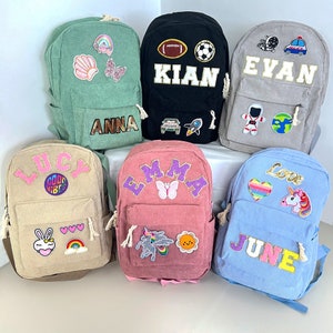 Sac à dos en velours côtelé avec nom personnalisé, cartable personnalisé avec écusson en chenille pour enfants et tout-petits