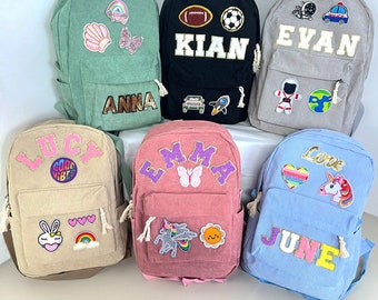 Sac à dos en velours côtelé avec nom personnalisé, cartable personnalisé avec écusson en chenille pour enfants et tout-petits