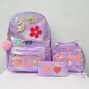 Sac à dos en nylon avec nom personnalisé, cartable personnalisé avec écusson en chenille pour enfants et tout-petits, sac boîte à lunch avec nom, trousse à crayons