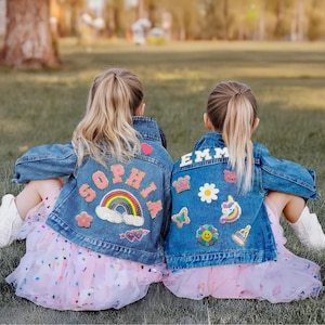 Chaqueta vaquera personalizada para niños, chaqueta vaquera con letras de chenilla personalizada para niñas pequeñas, chaqueta con parche para niños con nombre, regalo de cumpleaños para niños pequeños