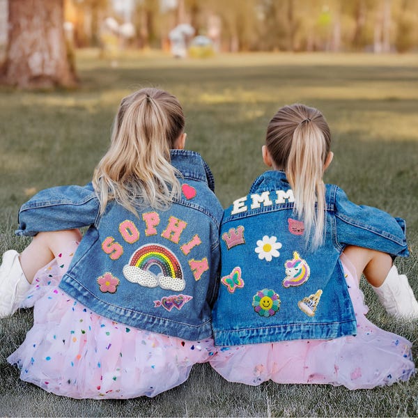 Veste en jean personnalisée pour enfant, veste en jean personnalisée pour tout-petit avec lettre en chenille, veste pour garçon avec nom, cadeau d'anniversaire pour tout-petit