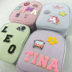 Sac boîte à lunch avec nom personnalisé, sac personnalisé en velours côtelé avec lettre chenille pour enfants, cadeau de sac à lunch en velours côtelé avec patchs pour fille, rentrée des classes