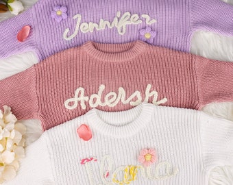 Benutzerdefinierter Babypullover mit handgesticktem Namen und Monogramm, einzigartiger Babypullover, Babynamenspullover, Babypartygeschenk, Geburtstagsgeschenk für Kind