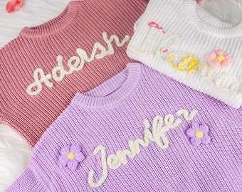 Pull personnalisé avec nom de bébé brodé à la main, pull personnalisé avec nom de bébé, sweat brodé pour enfants, cadeau de baby shower, cadeau de Noël