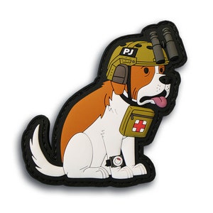 May include: A cartoon patch featuring a Saint Bernard dog wearing a military helmet with the letters "PJ", a medical kit, and binoculars. The dog is brown, white, and tan, with its tongue sticking out. The patch has a black border.