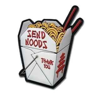 May include: A white take-out container with the words "SEND NOODS" in red. The container is filled with yellow noodles and red chopsticks. The words "THANK YOU" are also visible.