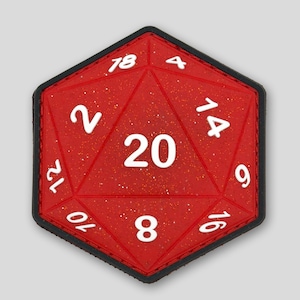 May include: A hexagonal patch shaped like a twenty-sided die, featuring a vibrant red surface with embedded glitter particles. The patch displays white numbers including 20, 18, 4, 14, 9, 16, 8, 10, 12, and 2, all outlined with a thick black border.