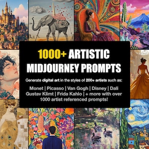 May include: A digital graphic featuring a central black rectangle with the yellow and white text 1000+ ARTISTIC MIDJOURNEY PROMPTS, surrounded by a collage of various artistic illustrations including a castle, an elephant, and landscapes.