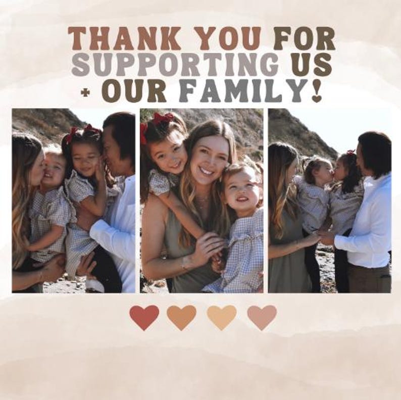 Op de afbeelding: Een gezin van vijf poseert voor een foto met een aquarel achtergrond. De tekst "THANK YOU FOR SUPPORTING US + OUR FAMILY!" staat bovenaan de afbeelding. Vijf harten in tinten bruin en rood bevinden zich onderaan de afbeelding.
