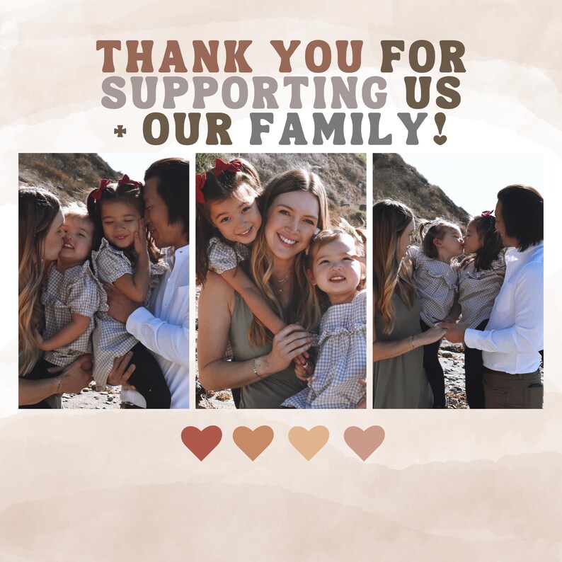 May include: A family of five poses for a photo on a beach. The parents are holding their three children. The photo is captioned "Thank you for supporting us + our family!" with hearts at the bottom.