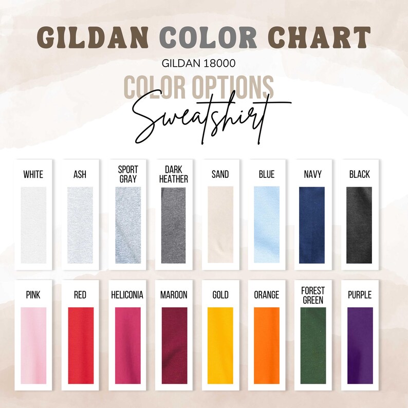 Puede incluir: Carta de colores para sudaderas Gildan 18000. La carta muestra 18 opciones de colores diferentes, incluyendo blanco, ceniza, gris deportivo, gris oscuro jaspeado, arena, azul, azul marino, negro, rosa, rojo, heliconia, granate, dorado, naranja, verde bosque y morado.