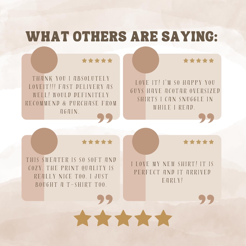 May include: Four customer reviews with five-star ratings for a clothing item. The reviews highlight the quality, comfort, and fast shipping of the product. The text includes phrases like "love it!" and "so soft and cozy".