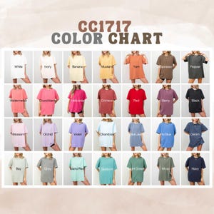 May include: Color chart for CC1717 featuring a variety of t-shirt colors, including white, ivory, banana, mustard, yam, espresso, pepper, watermelon, crunchberry, heliconia, crimson, red, berry, black, blossom, orchid, violet, chambray, blue jean, flo blue, denim, bay, grey, island red, seafoam, light green, moss, and navy.