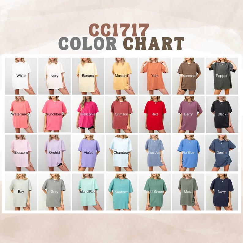 May include: Color chart for CC1717 featuring a variety of t-shirt colors, including white, ivory, banana, mustard, yam, espresso, pepper, watermelon, crunchberry, heliconia, crimson, red, berry, black, blossom, orchid, violet, chambray, blue jean, flo blue, denim, bay, grey, island red, seafoam, light green, moss, and navy.