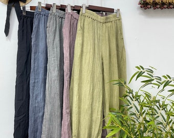 Tie dyeing Linen Pants, Elastic Waist Linen Pants, Women Ramie Pant, Summer Loose Linen Trousers