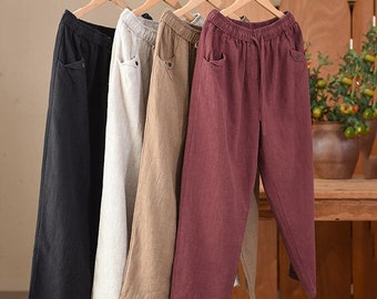 Paarse linnen broek, losse linnen broek, elastische taille linnen broek, losse koele zomer linnen broek