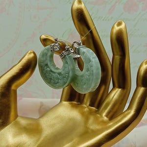 Sterling Silver, Hand Carved Jade, Earrings, Made by "Jade of Yesteryear" , Stamped 925,